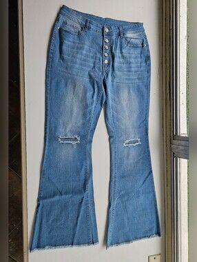 Women's Light Blue Distressed Button-Fly Flare Jeans - Women's Size L